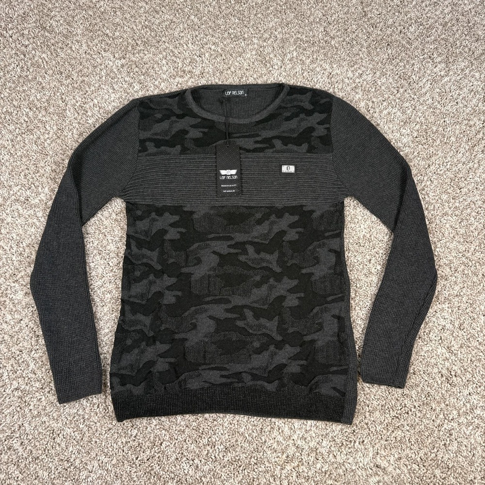 Leif Nelson Sweater‎ Mens S Charcoal Camouflage Ribbed Panel Crewneck Knit New